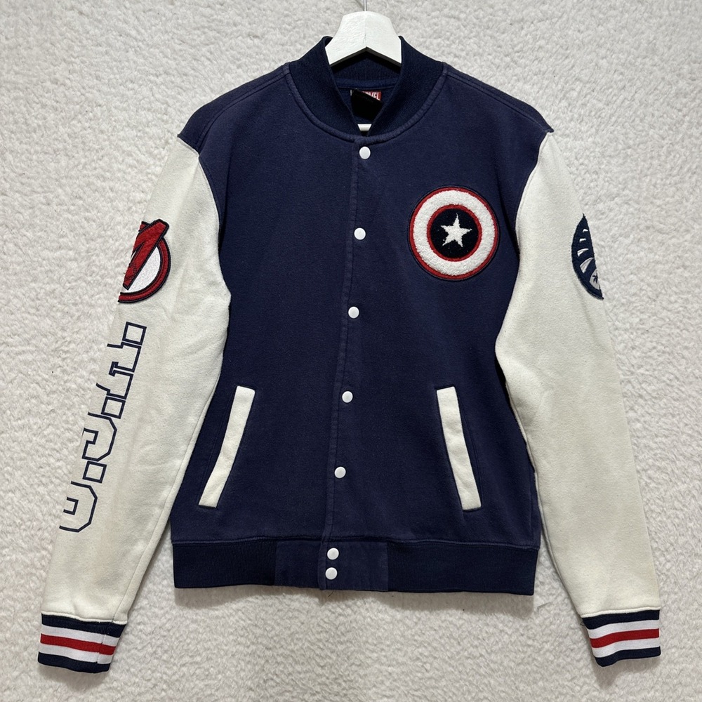 Captain America Marvel Varsity Jacket Men's Blue & White Snap Button Size XS